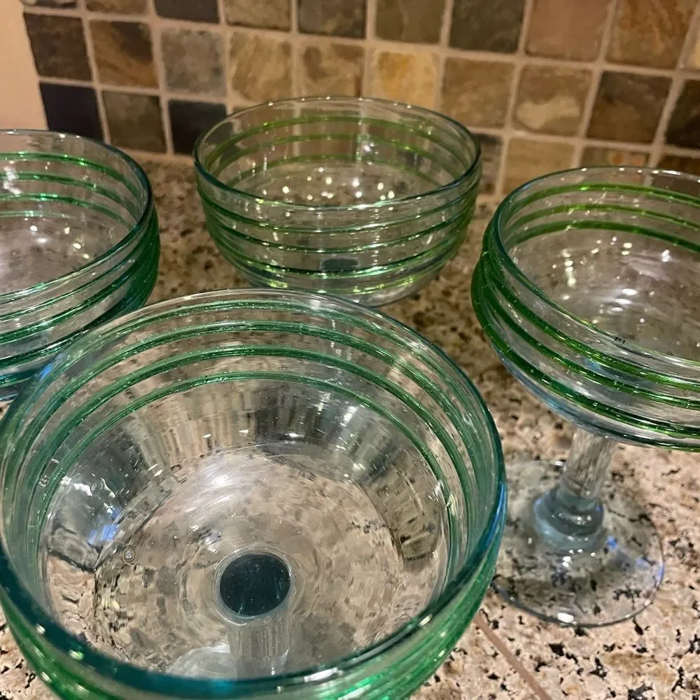 4 Hand Blown Green Glass Margarita Glasses Made in Mexico